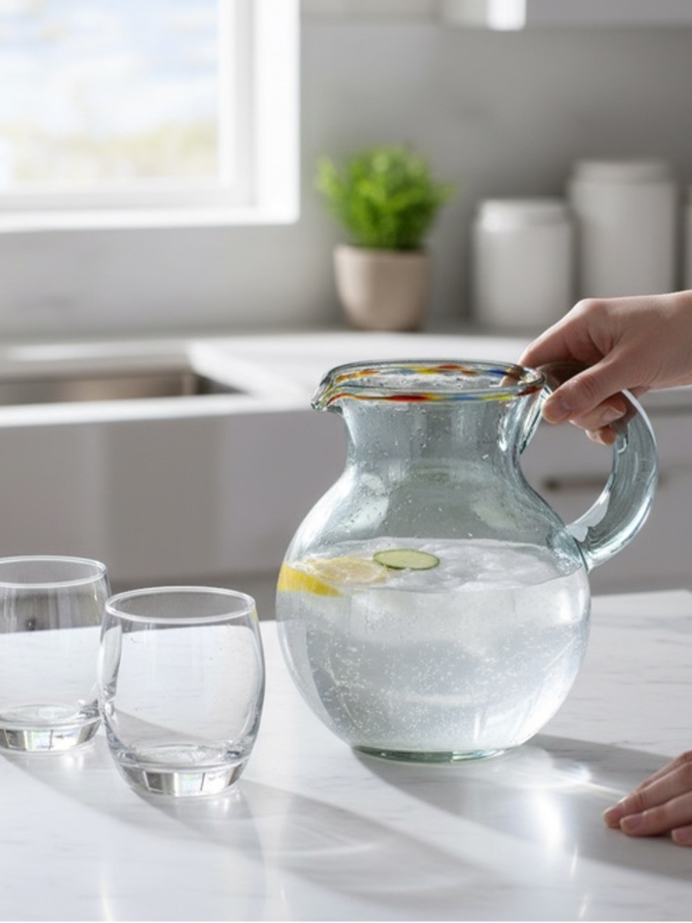 Mexican Recycled Clear Glass Pitcher with Colorful Rim - Picture 2 of 7